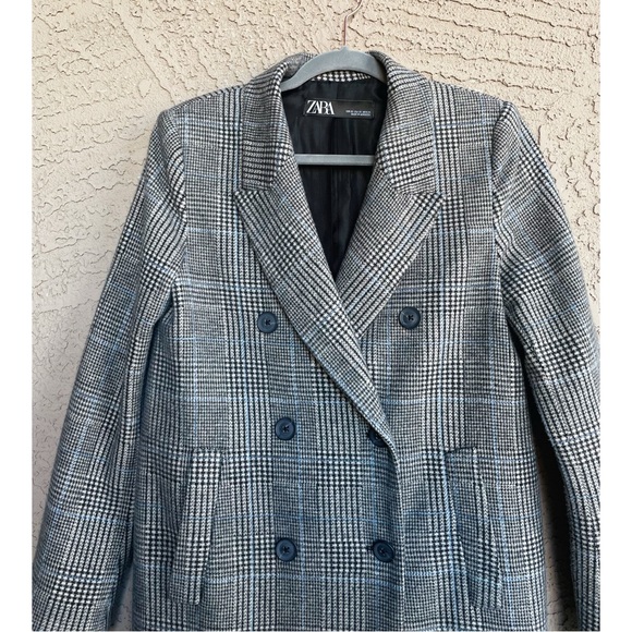 ZARA Gray & Blue Checkered Plaid Houndstooth Double Breasted Soft Faux Wool Coat - Picture 3 of 11